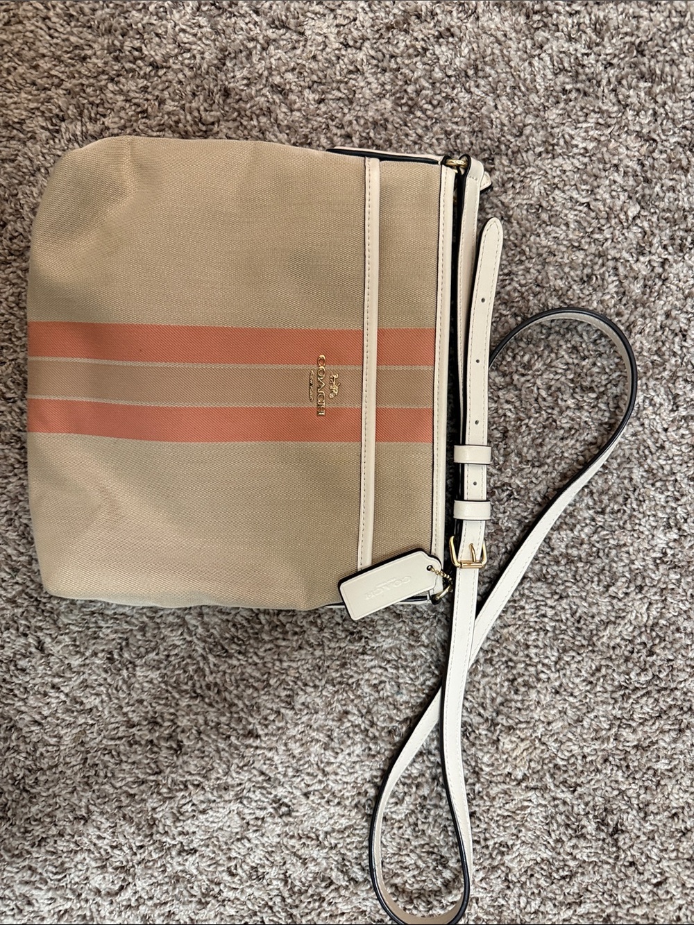 Coach Beige Canvas Crossbody with Coral Stripe and White Trim